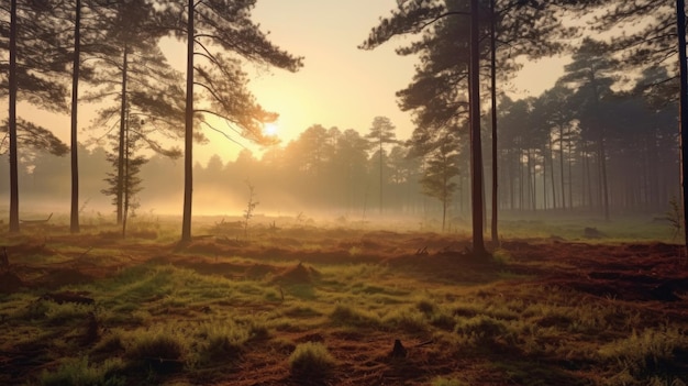 Una hermosa mañana con la niebla del bosque