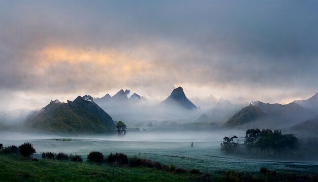 Foto hermosa mañana de niebla sobre la montaña