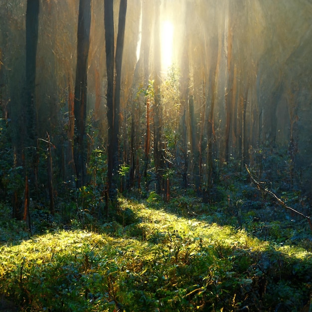 Hermosa mañana soleada en el bosque mágico