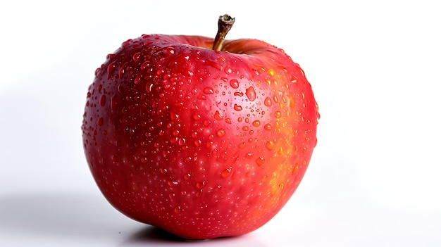 Una hermosa manzana roja crujiente con gotas de agua en su piel La manzana está sentada en una superficie blanca