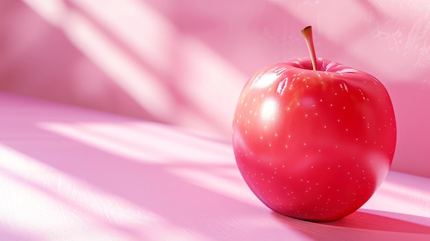 Foto una hermosa manzana roja se sienta en una mesa rosada la manzana es lisa y brillante y la luz de la ventana proyecta sombras en la mesa