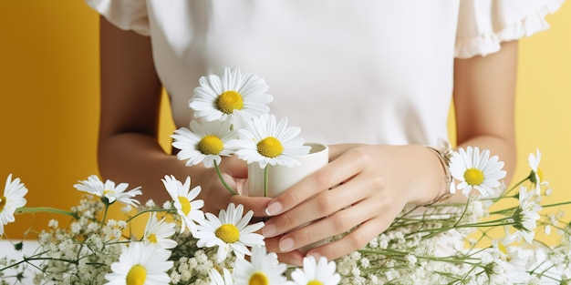 Hermosa manzanilla cosmética natural para mujeres blancas hermosas flores de manzanilla con maquillaje de contraste brillante cuidado de manos