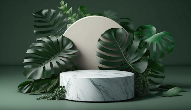 Hermosa maqueta de podio vacío en 3d con hojas de monstera para cosméticos IA generativa