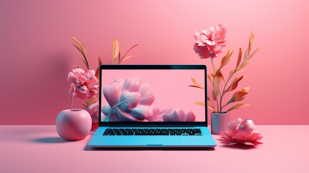 hermosa maqueta psd rosa con computadora portátil en el escritorio
