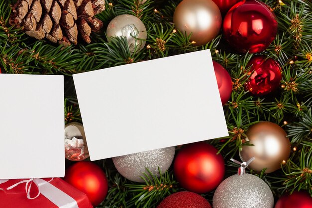Hermosa maqueta de una tarjeta blanca con adornos navideños en el costado de la tarjeta