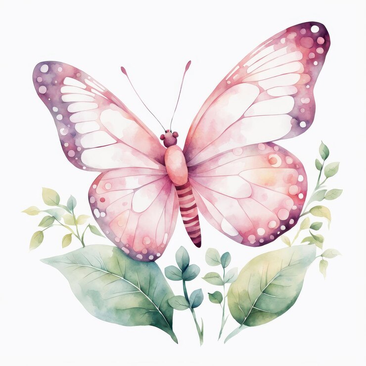 Una hermosa mariposa de acuarela de color rosa claro y blanco rodeada de hojas verdes evoca una sensación de fantasía y tranquilidad