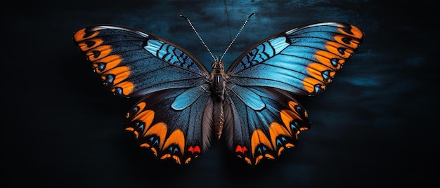 La hermosa mariposa con alas azules y naranjas en una superficie oscura