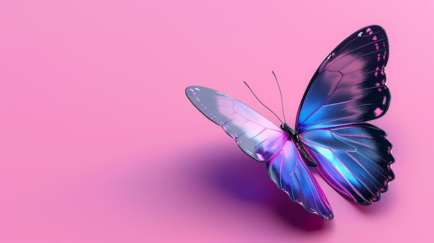 Foto una hermosa mariposa con alas azules y púrpuras está sobre un fondo rosa y se ve muy delicada