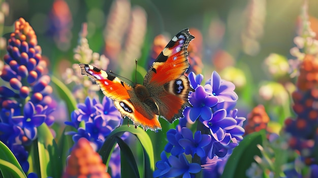 Una hermosa mariposa con alas naranjas, negras y azules está posada en una flor. La mariposa está rodeada de hojas verdes y otras flores.