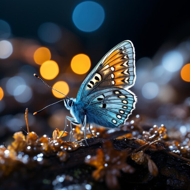 Una hermosa mariposa azul elegante con alas naranjas y un fondo oscuro en la nieve