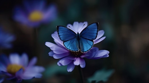 Hermosa mariposa azul púrpura en una naturaleza de flor de anémona con tecnología de IA generativa