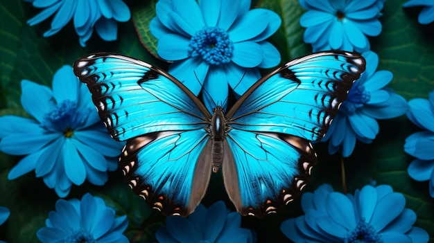 Una hermosa mariposa azul turquesa en azul turqués