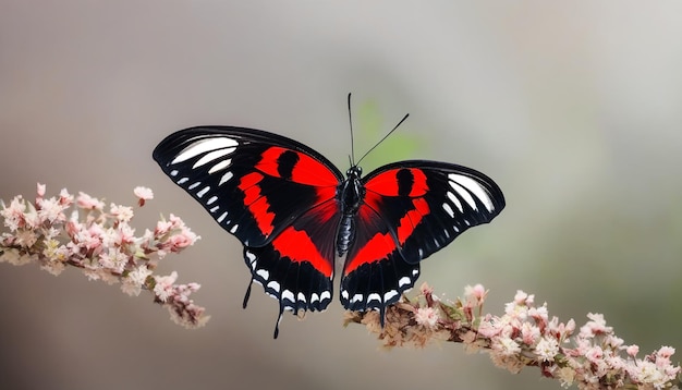 Hermosa mariposa de color rojo negro Papilio Rumanzovia con alas abiertas aisladas sobre un fondo blanco