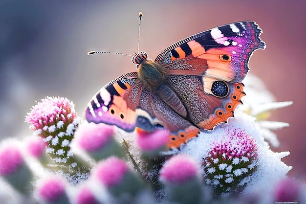 Hermosa mariposa colorida en invierno acostada sobre ai generativo de flor rosa