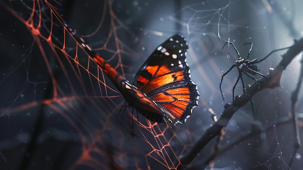 La hermosa mariposa enredada en una red de arañas