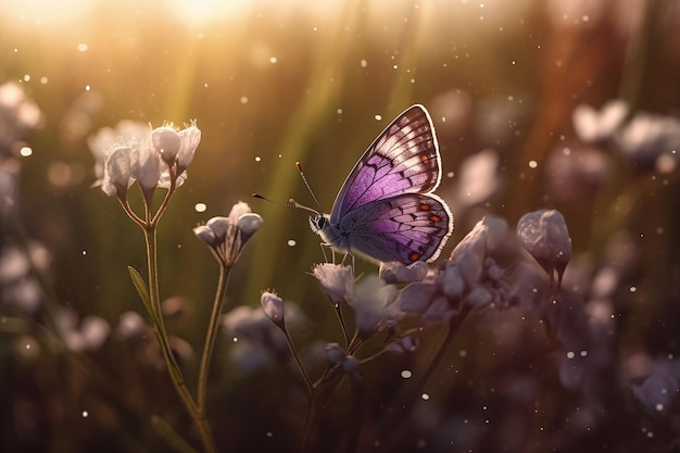 Hermosa mariposa en una flor IA generativa