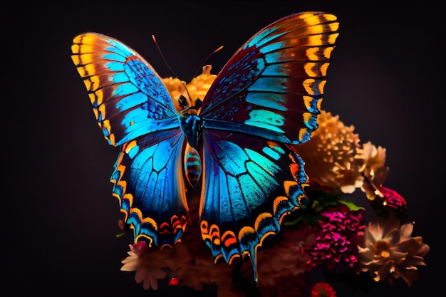 Hermosa mariposa en una flor sobre un fondo negro IA generativa