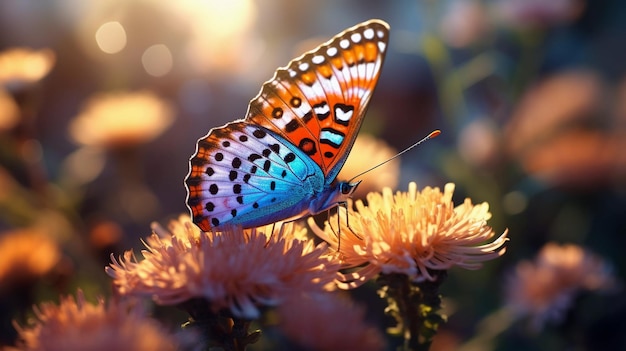 Hermosa mariposa entre flores silvestres fondo borroso