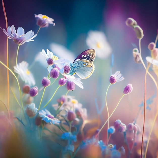 Hermosa mariposa con manzanilla de flores silvestres