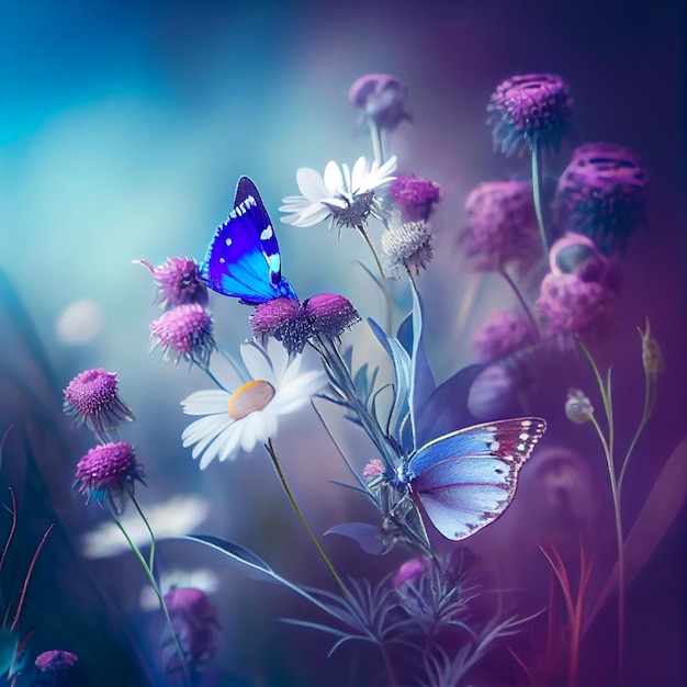Hermosa mariposa con manzanilla de flores silvestres