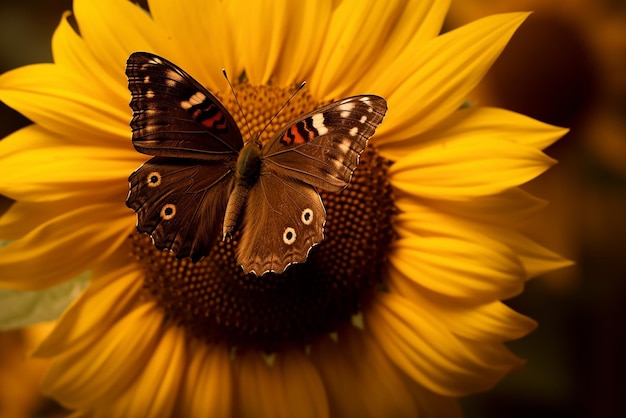 Hermosa mariposa marrón sobre girasol Creado con herramientas de IA generativa