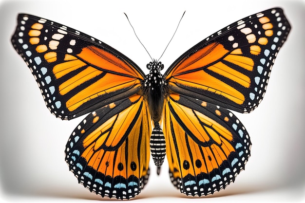 Hermosa mariposa monarca colorida aislada sobre fondo blanco