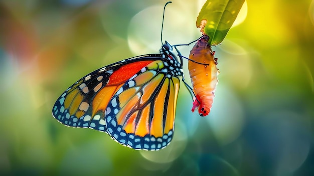 Una hermosa mariposa monarca emerge de su crisálida extendiendo sus alas para secarse al sol