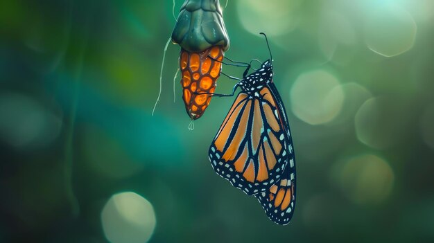 Foto una hermosa mariposa monarca emerge de su crisálida la mariposa es un símbolo de esperanza y nuevos comienzos