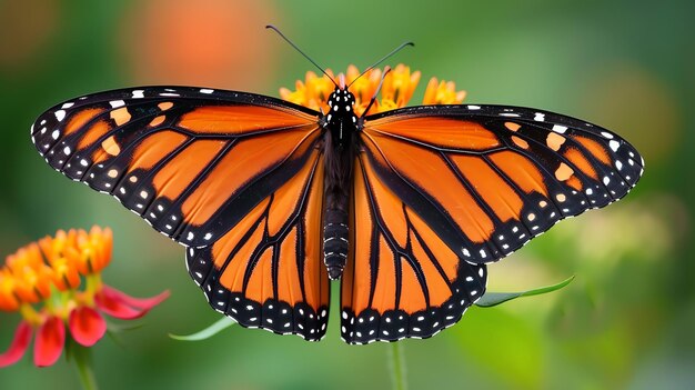 Una hermosa mariposa monarca está posada en una flor La mariposa tiene alas de color naranja brillante con venas negras y manchas blancas