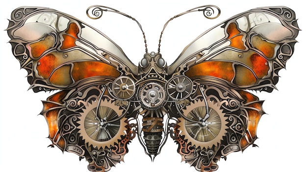 Una hermosa mariposa steampunk con engranajes e ruedas intrincadas La mariposa es naranja y marrón con un fondo blanco