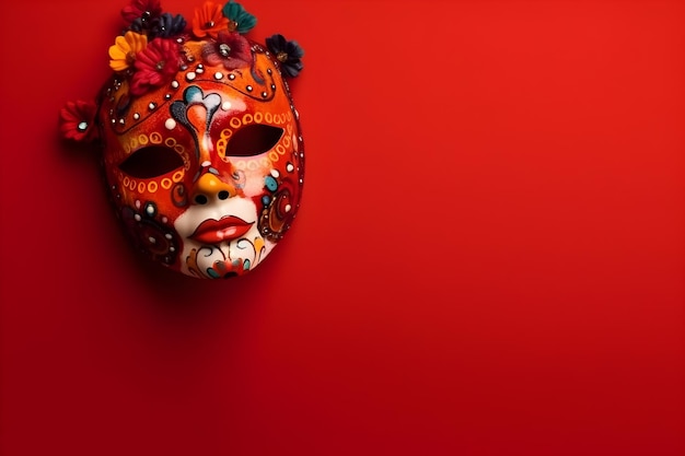 Hermosa máscara de carnaval con plumas sobre fondo rojo con copyspace