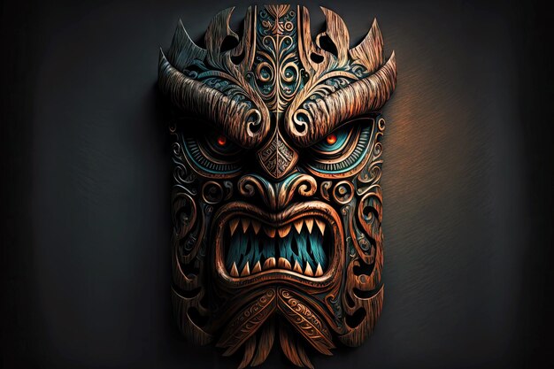 Hermosa máscara tiki de madera cara enojada sobre fondo oscuro