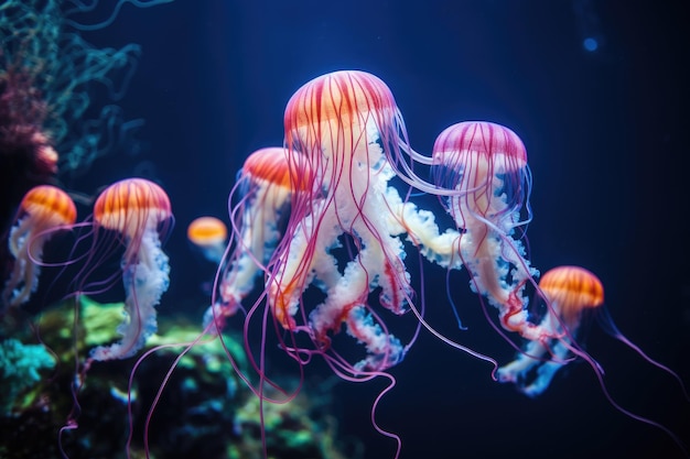 Hermosa medusa nadando en el agua Mundo submarino Medusas en el acuario Imagen de una hermosa medusa generada por IA