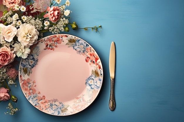 Hermosa mesa con adornos florales, plato azul a la izquierda con un mantel individual de tela beige