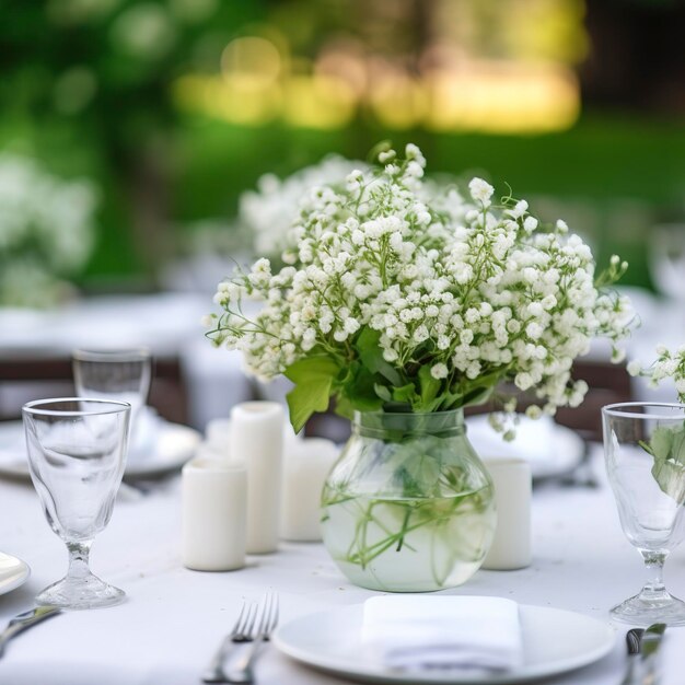 hermosa mesa al aire libre con flores blancas para una cena recepción de boda u otro evento festivo generat ai