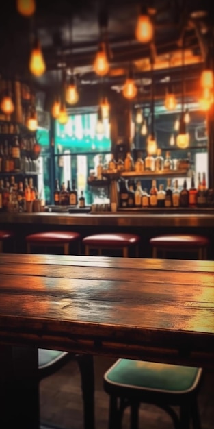 Una hermosa mesa en un bar con una barra al fondo