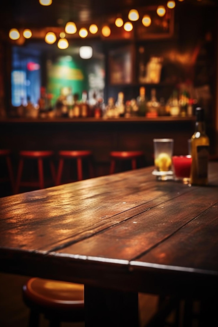 Una hermosa mesa en un bar con una barra al fondo