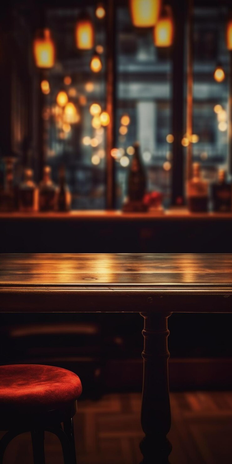 Una hermosa mesa en un bar con una barra al fondo