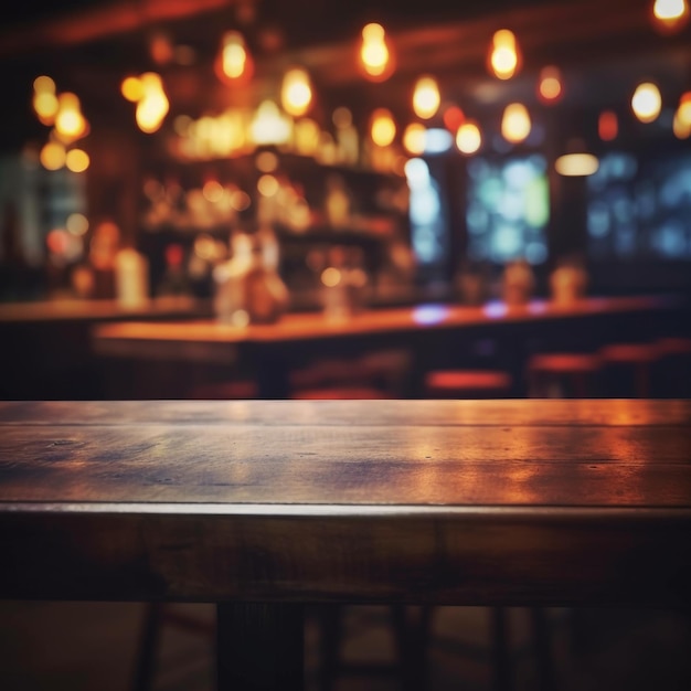 Una hermosa mesa en un bar con una barra al fondo