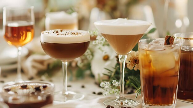 Foto una hermosa mesa con bebidas y flores hay tres bebidas en la mesa dos de las bebidas están en vasos de martini y uno está en un vaso de rocas