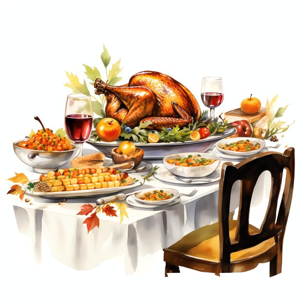 hermosa mesa de cena de Acción de Gracias con ilustración de imágenes prediseñadas de acuarela