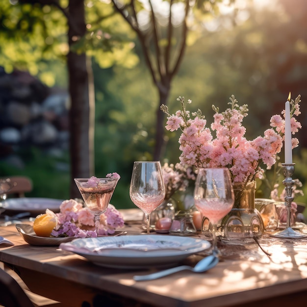 Hermosa mesa para una cena en el jardín.