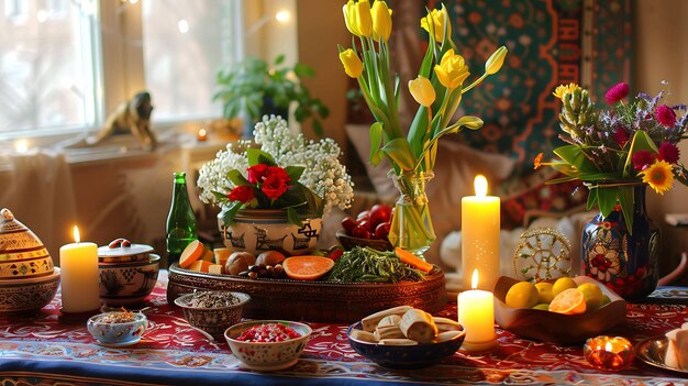 Una hermosa mesa extendida con una variedad de alimentos, flores, velas y otros artículos