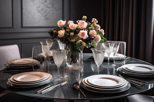 hermosa mesa con flores en el comedor moderno interior de lujo un lujoso conjunto de mesa de comedor adornado con cubiertos relucientes y elegantes vajillas de vidrio AI generado