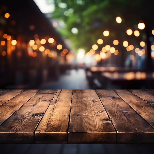 Hermosa mesa de madera vacía y borroso bokeh moderno fondo interior de la cocina en limpio