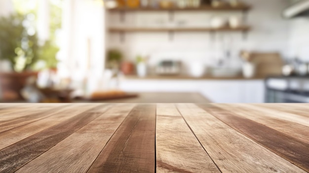 Hermosa mesa de madera vacía y fondo interior de cocina moderna bokeh borroso en un ambiente limpio y brillante