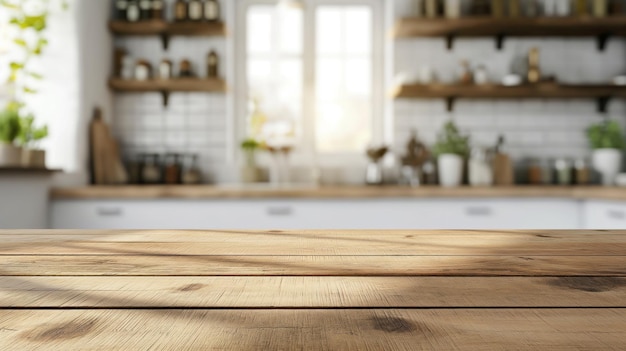 Hermosa mesa de madera vacía y fondo interior de cocina moderna bokeh borroso en un ambiente limpio y brillante