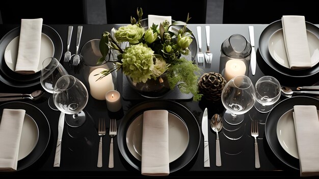 Hermosa mesa moderna con vajilla y flores para una fiesta, recepción de boda u otro evento navideño Farfor y cubiertos para la cena