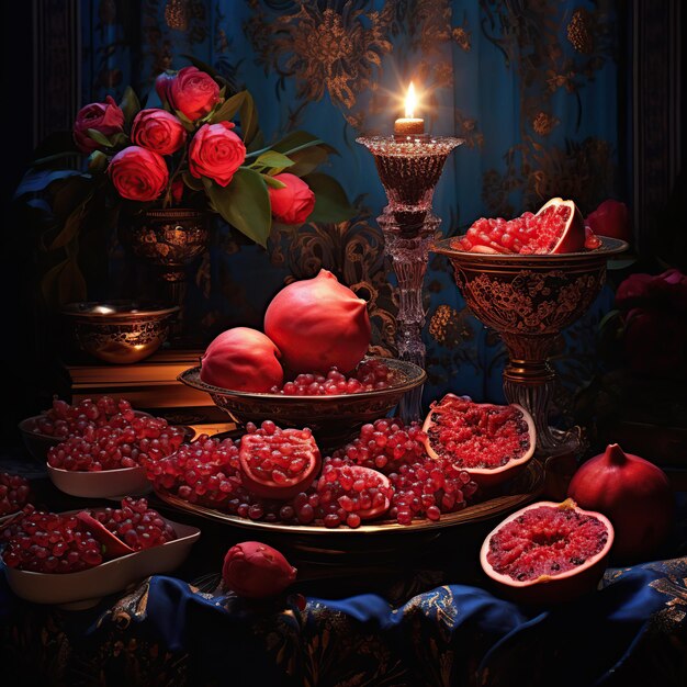 Foto una hermosa mesa oriental con granada y otras frutas es una noche tradicional de yalda