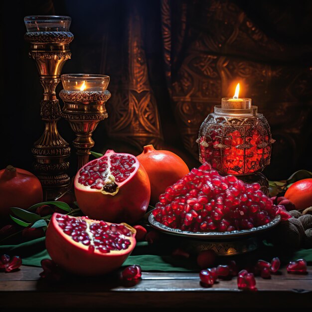 Foto una hermosa mesa oriental con granada y otras frutas es una noche tradicional de yalda